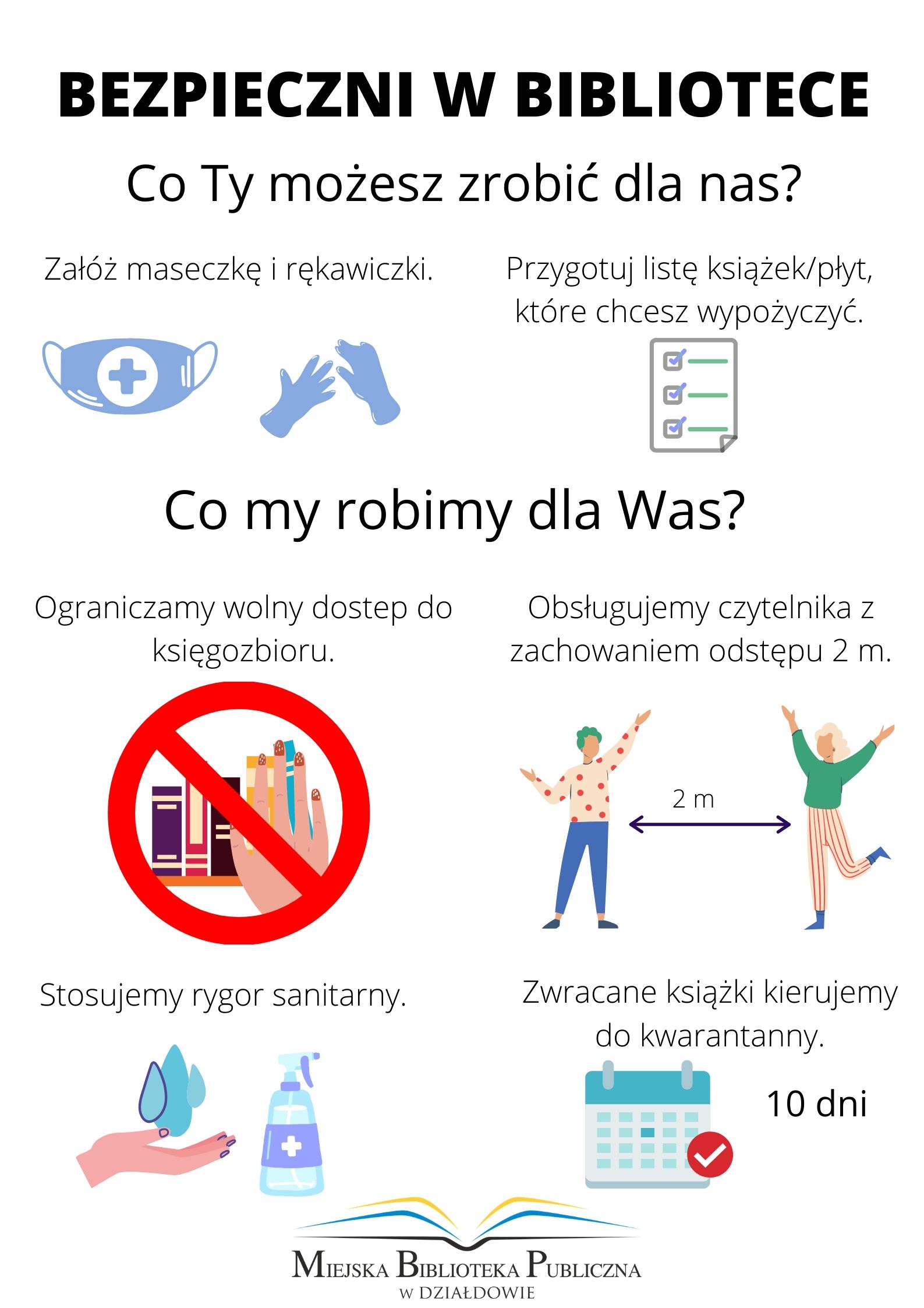 Plakat MBP w Działdowie ''Bezpieczni w Bibliotece''.