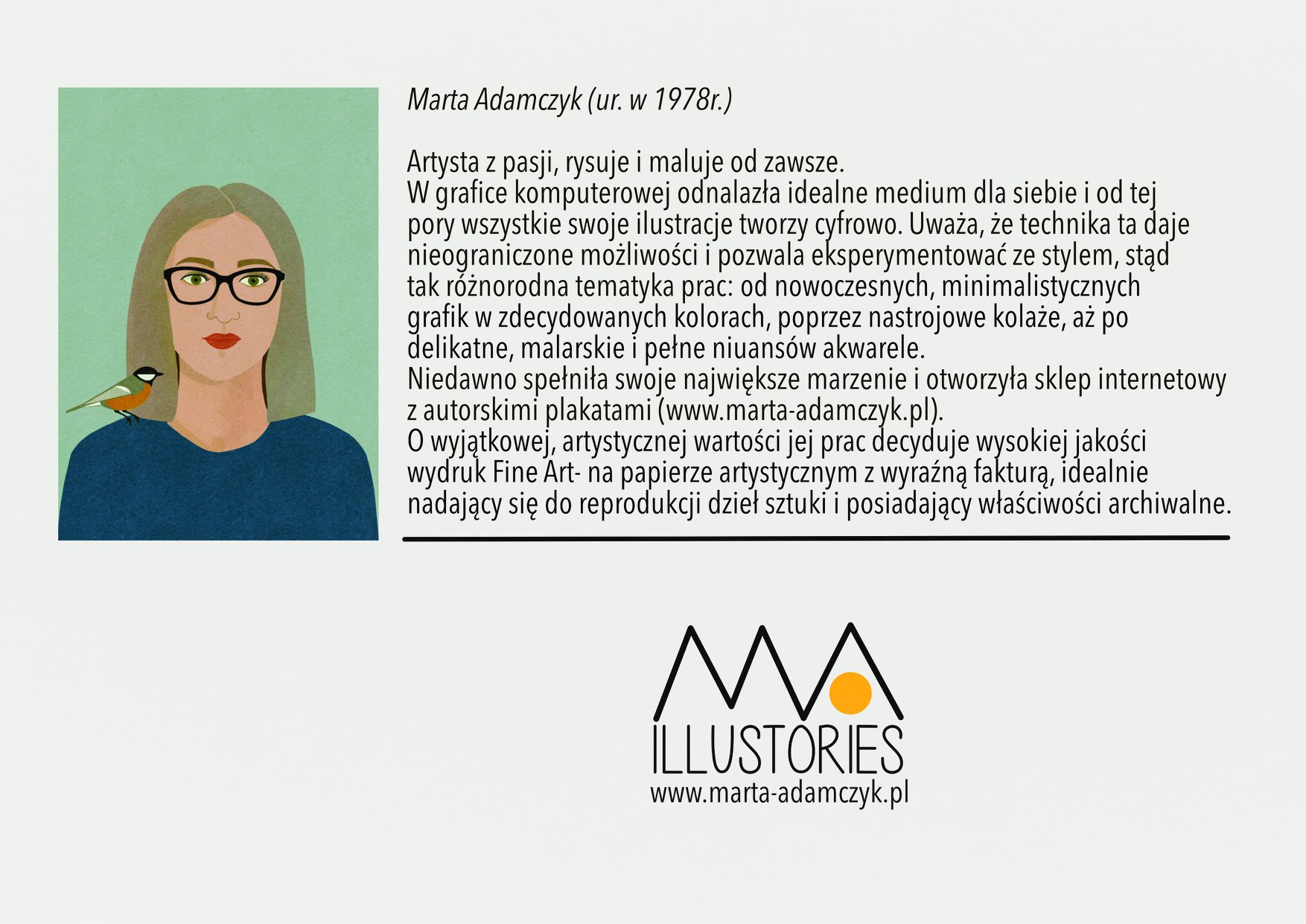 Plakat debiutanckiej wystawy grafik Marty Adamczyk zatytułowanej ,,Wszystkie moje ilustorie''. 