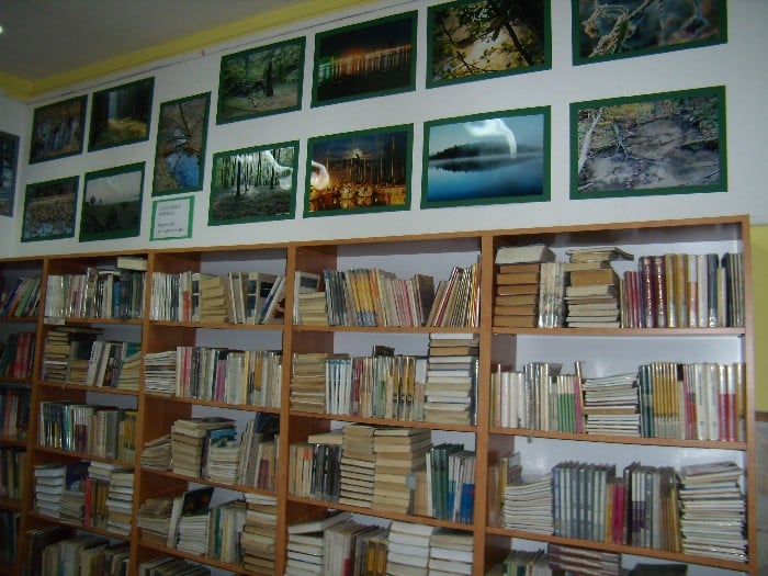 Wnętrze biblioteki, na ścianie wiszą prace ''Mazurskie obrazki'' R. Szczepańskiego.