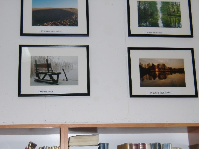 Wnętrze biblioteki,na ścianie wiszą obrazy fotografii ,,Powiat Działdowski w moim obiektywie''. 