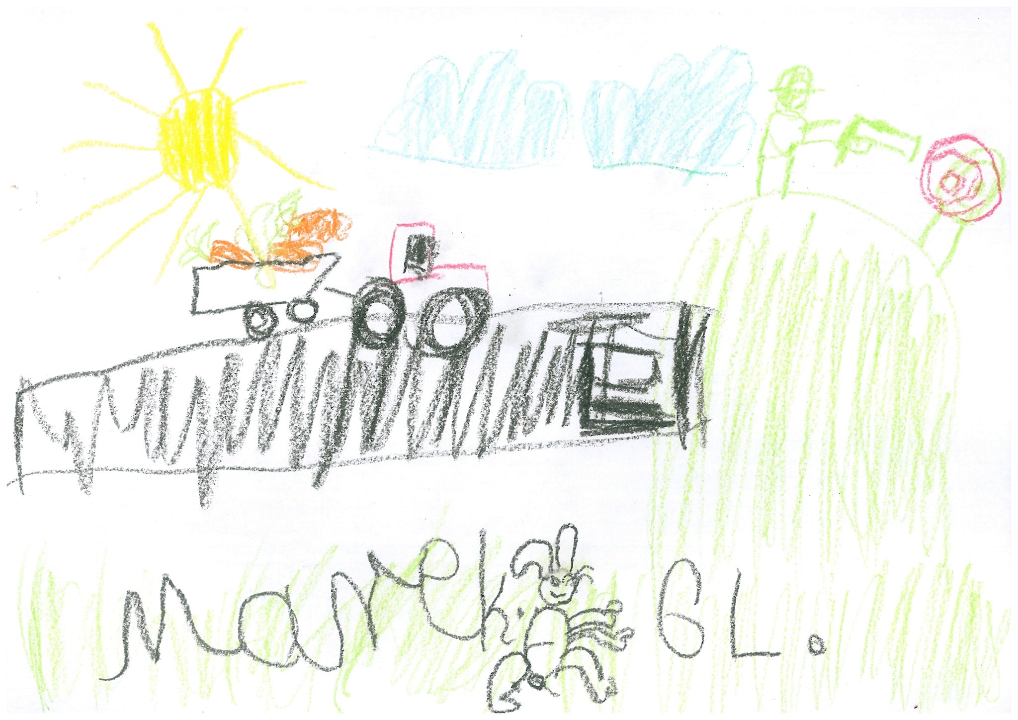 Obrazek narysowany przez dziecko przedstawia królika i jego przyjaciół.