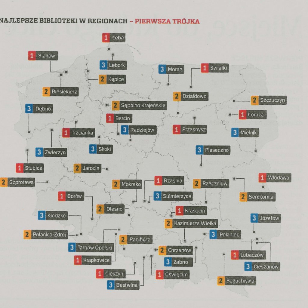 Mapa Polski przedstawiająca najlepsze biblioteki w regionach - ( Pierwsza trójka).