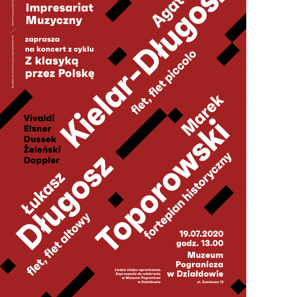 Czerwony plakat zaproszenie na koncert muzyki klasycznej który odbędzie się w niedzielę 19.07.2020r. o godzinie 13:00 w kaplicy zamku działdowskiego.  