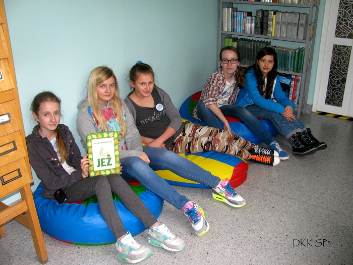 Wnętrze biblioteki, na kolorowych pufach siedzą członkinie DKK wspólnie omawiają książkę K. Kotowskiej "Jeż".  