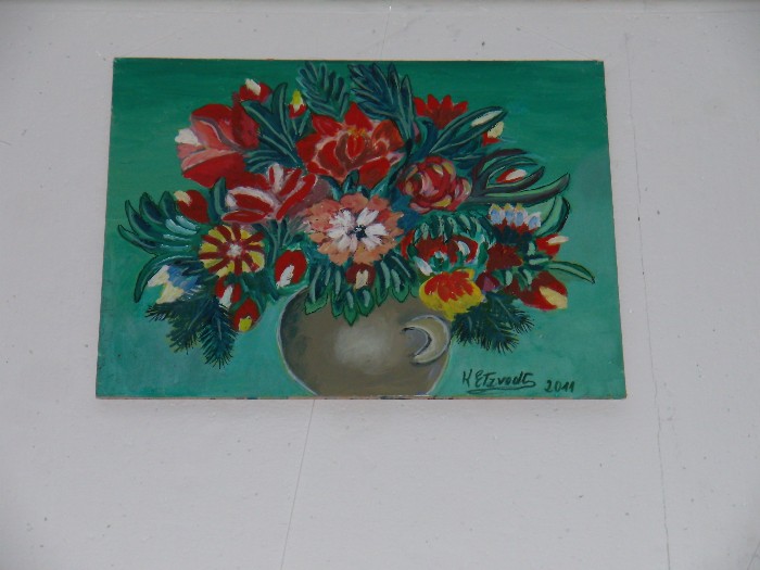 Obraz kwiaty w wazonie praca Krystyny Etzrodt Kozłowskiej.