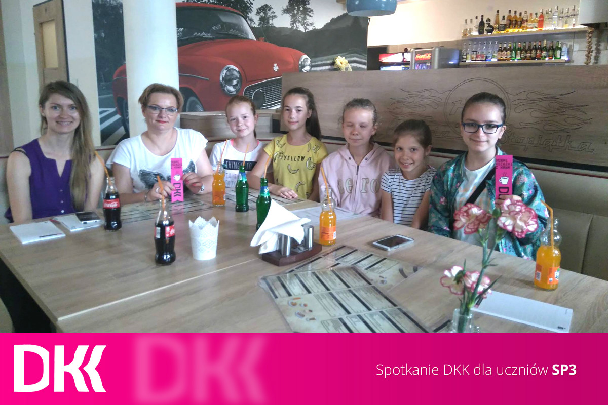 Wnętrze pizzerii. Uczestnicy klubu DKK SP3 dyskutują o książkach które warto przeczytać i  o planach wakacyjnych. 