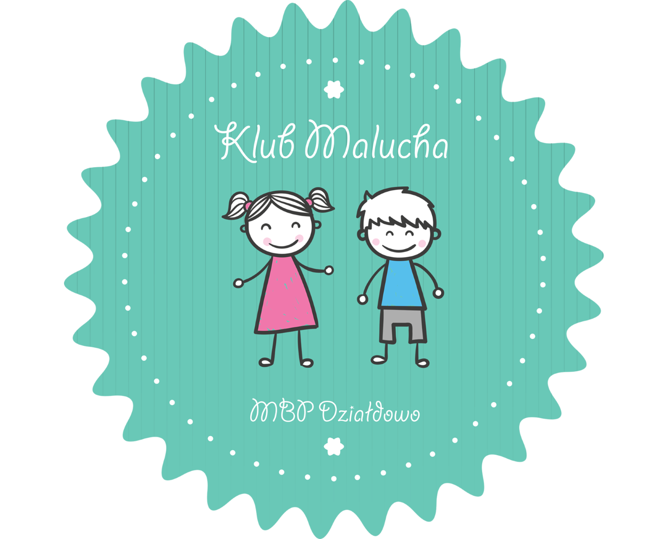 logo Klubu Malucha, dwie postacie dzieci  na tle zielonego ząbkowanego koła