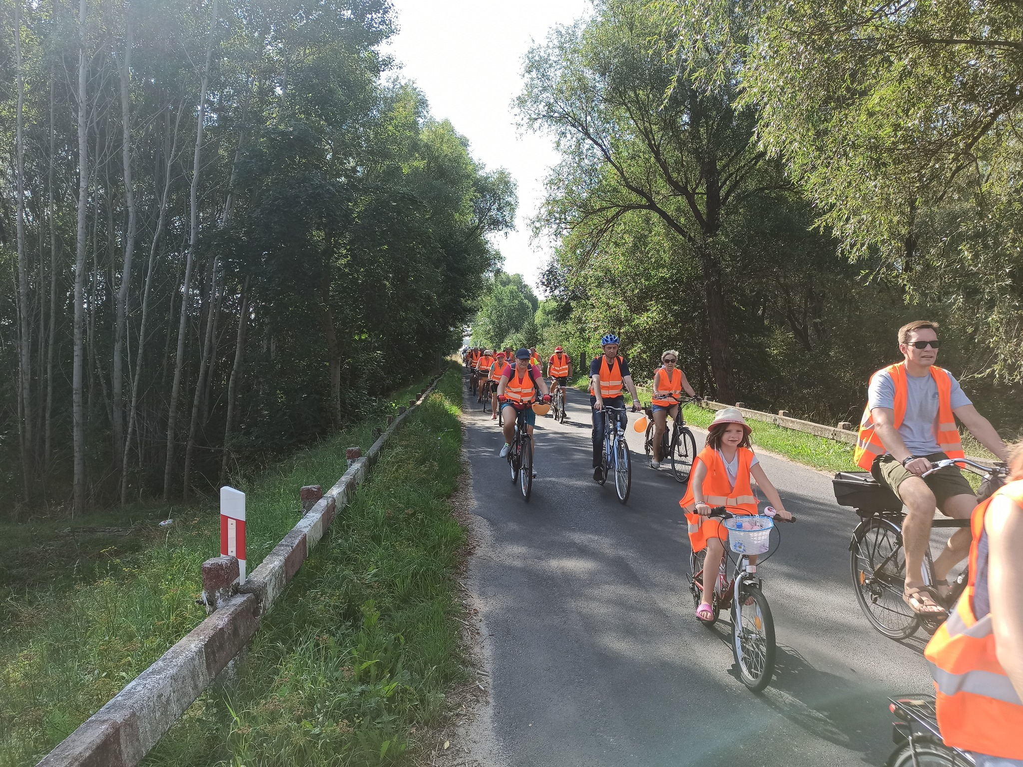uczestnicy rajdu rowerowego jadą drogą publiczną (przez zalesione tereny), wszyscy mają założone pomarańczowe kamizelki odblaskowe z napisem Odjazdowy Bibliotekarz