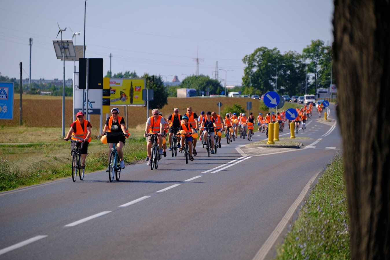 uczestnicy rajdu rowerowego jadą drogą publiczną, wszyscy mają założone pomarańczowe kamizelki odblaskowe z napisem Odjazdowy Bibliotekarz