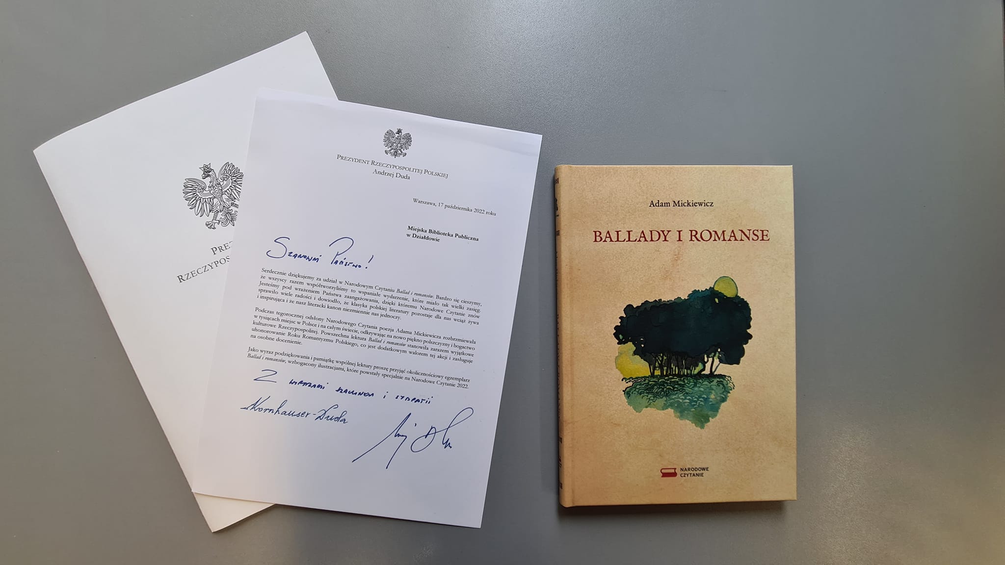 podziękowanie od prezydenta za udział w akcji Narodowe czytanie 2022, Ballady i romance  Adama Mickiewicza