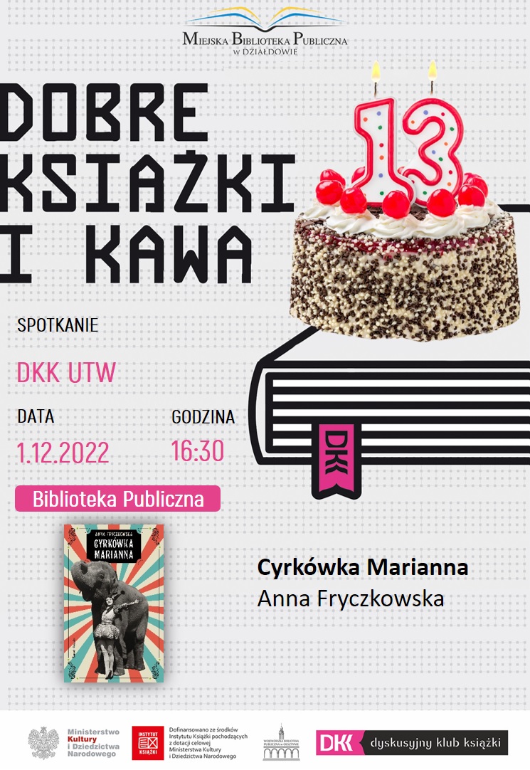plakat informuje, że kolejne spotkanie klubowiczów odbędzie się 1 grudnia o godzinie 16:30, na górze loga klubu DKK i partnerów, w dolnym prawym rogu logo biblioteki, na książce stoi tort z numerem 13 jako świeczkami